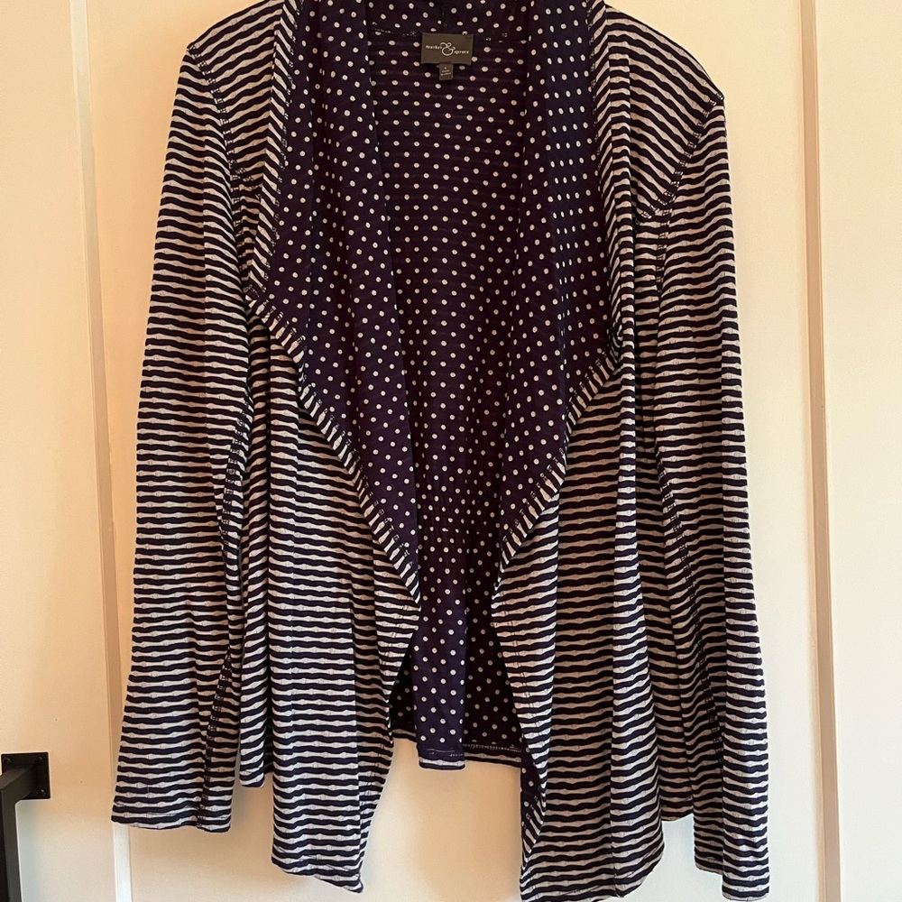 Market & Spruce Navy and White Waterfall Striped Cardigan with polka dots